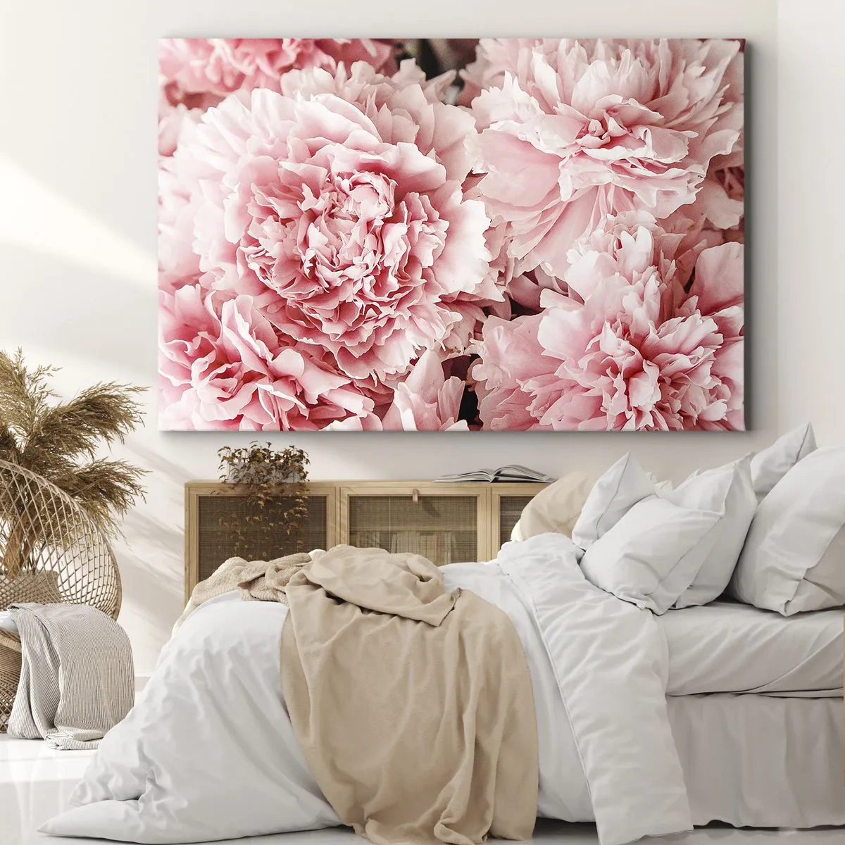 Lærredstryk - Billede på lærred - Diskrete lyserøde pæoner i delikate omgivelser - 70x50cm - Lyserød drøm - Moderne vægdekoration til stue og soveværelse ARTTOR