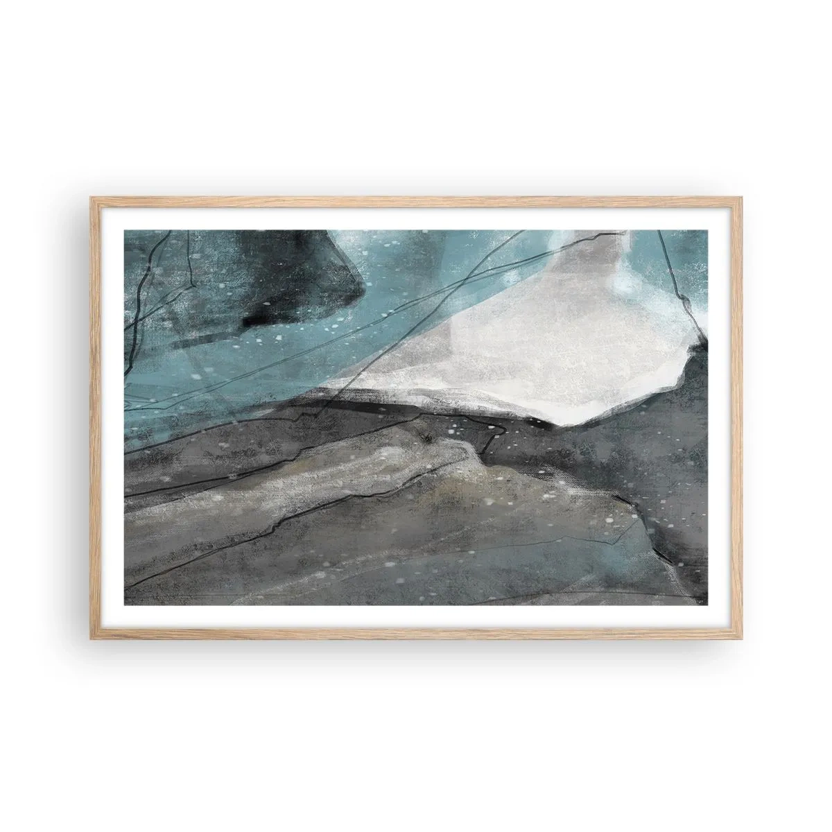 Plakat i ramme af lyst egetræ - Abstraktion: klipper og is - 91x61 cm