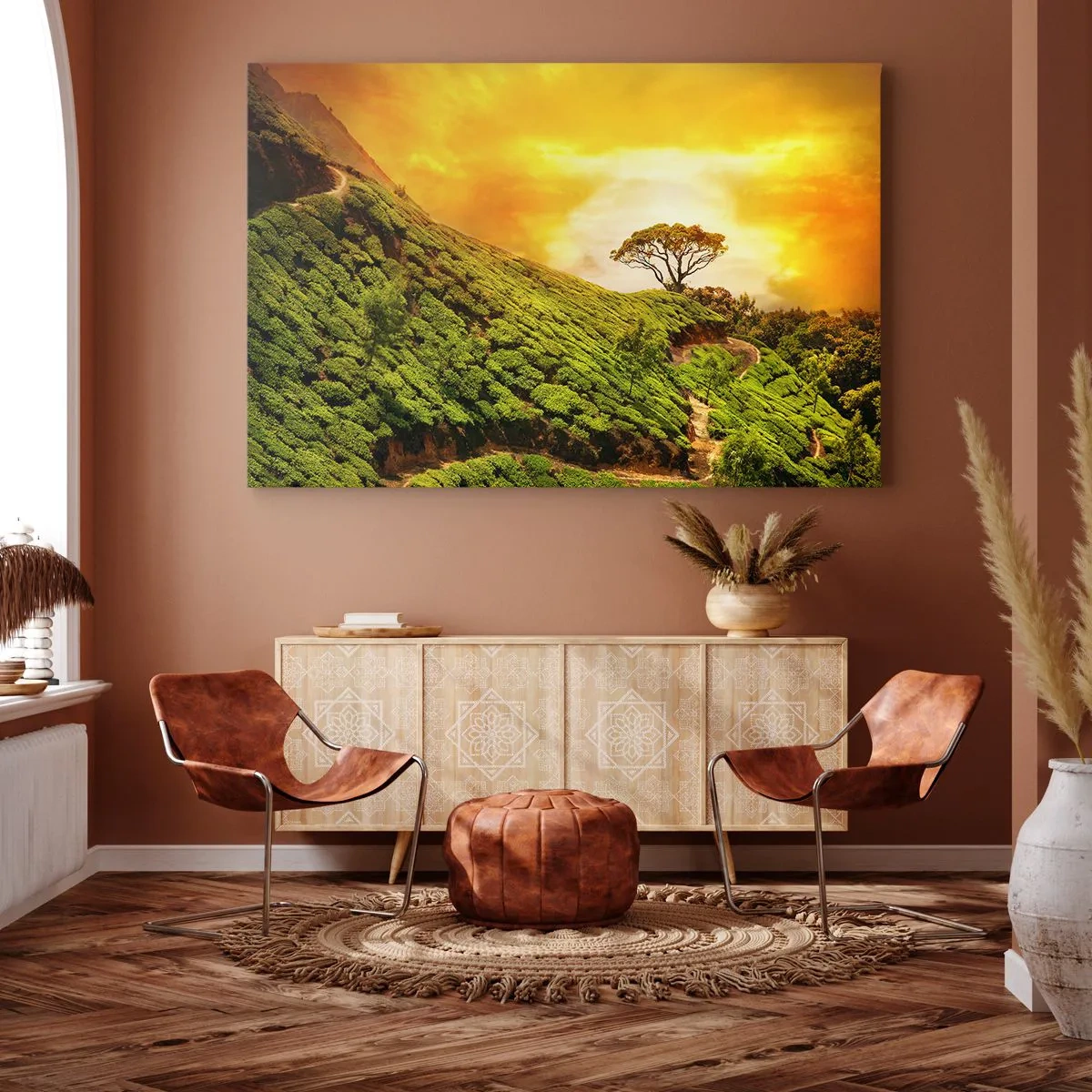 Lærredstryk - Billede på lærred - Grønne bakker af teplantager ved solnedgang - 70x50cm - En snoet sti, en grøn skråning - Moderne vægdekoration til stue og soveværelse ARTTOR