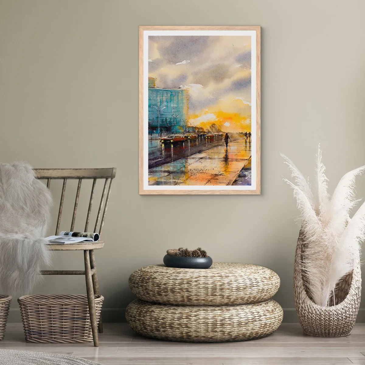 Plakat i ramme af lyst egetræ - Livet på kysten - 30x40 cm