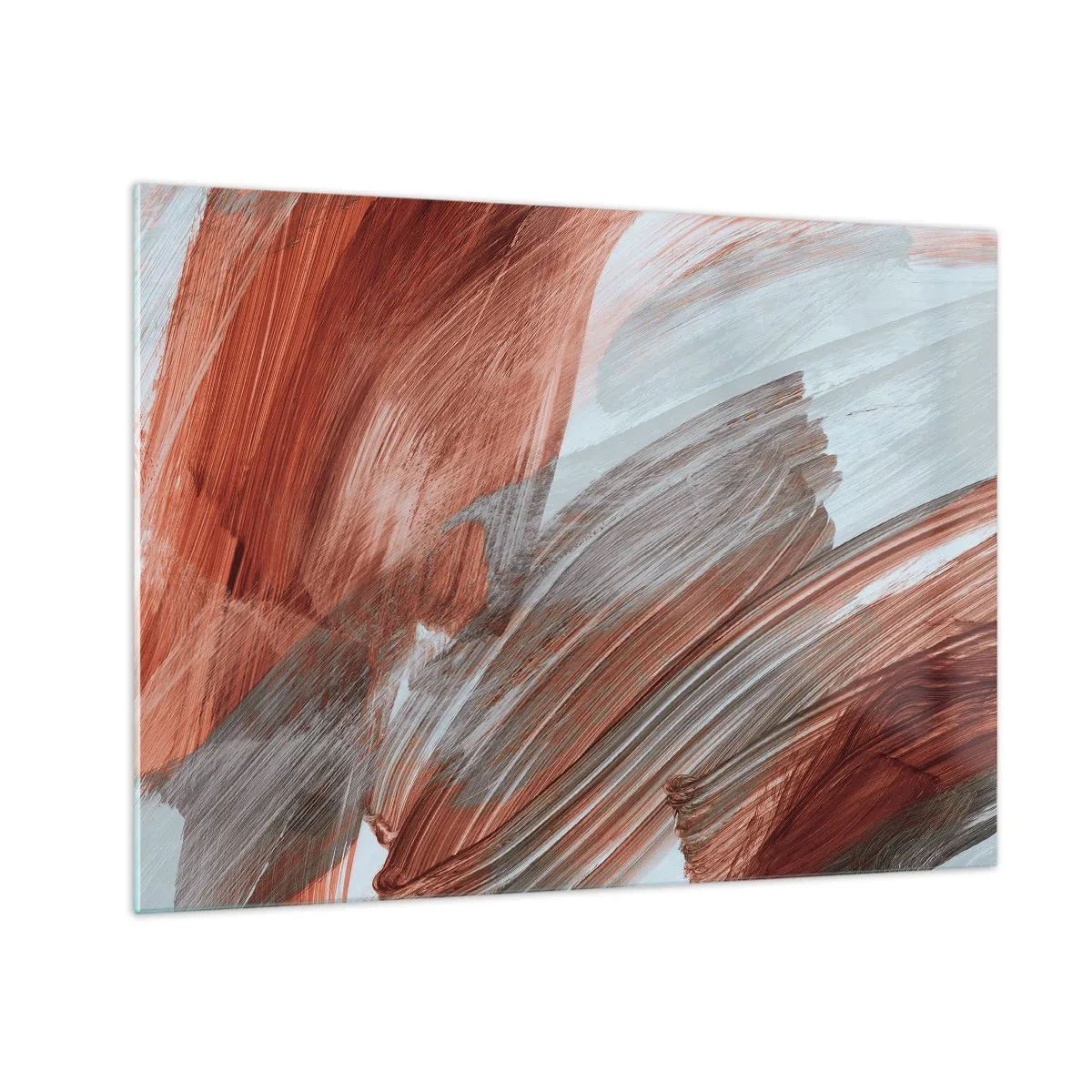 Billede på glas - Dynamiske penselstrøg i varme efterårsfarver og kølige blå nuancer. - 70x50cm - Efterårsagtig og blæsende abstraktion - Moderne vægdekoration til stue og soveværelse ARTTOR