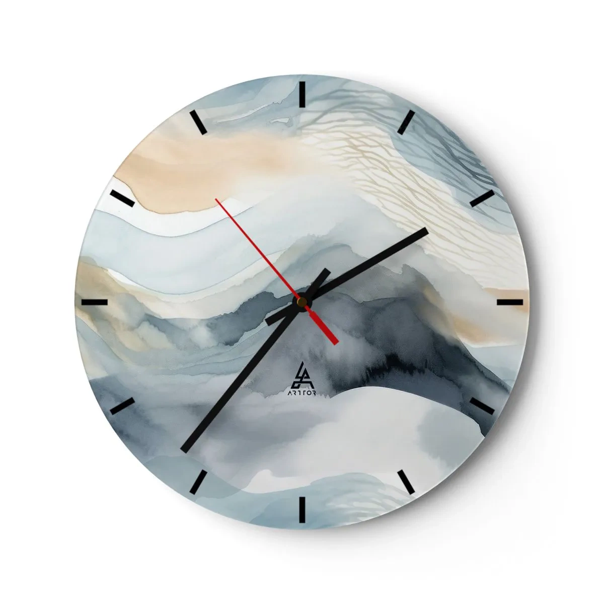 Vægur, Uret - Abstrakt landskab i blå og beige nuancer - 30x30cm - Abstraktion af sne og tåge - Moderne vægdekoration til stue, køkken og soveværelse ARTTOR