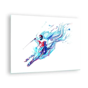 Billede på glas - En dynamisk figur af en skiløber i abstrakte farver - 70x50cm - Den vanvittige jagt på glæde - Moderne vægdekoration til stue og soveværelse ARTTOR