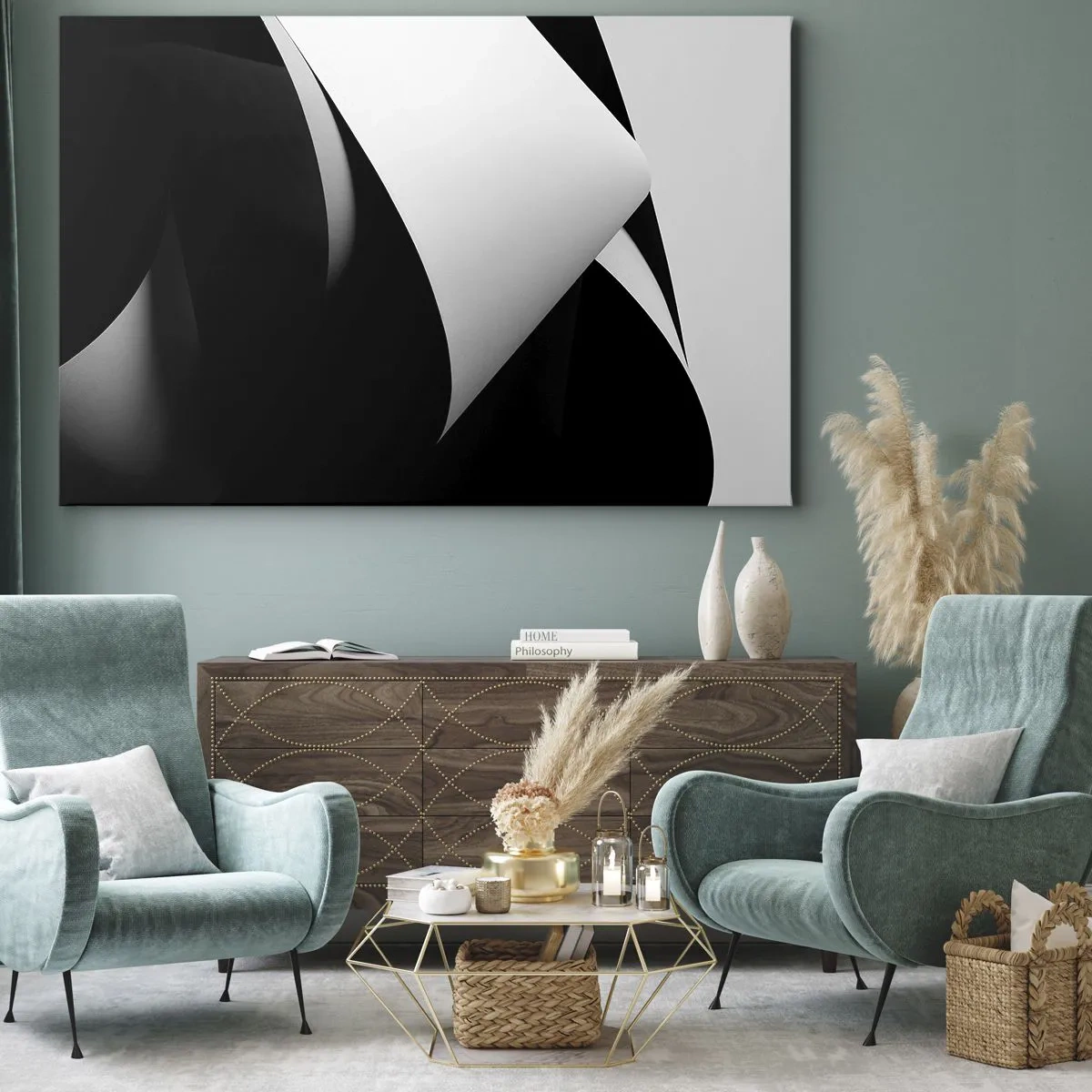 Lærredstryk - Billede på lærred - Abstrakte former i sort-hvid med slående kontraster - 70x50cm - Lysflader fra skyggernes dybder - Moderne vægdekoration til stue og soveværelse ARTTOR