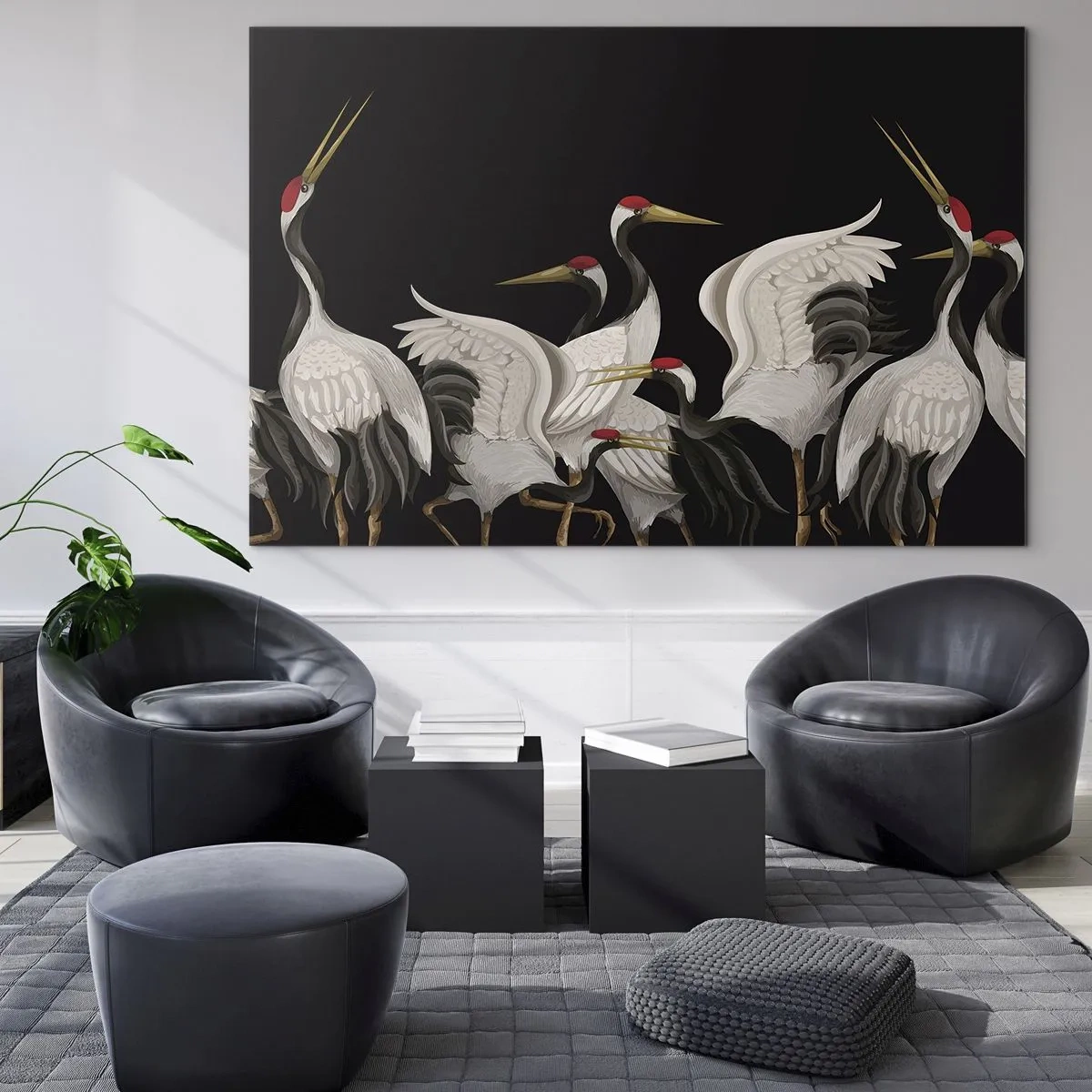 Billede på glas - Hvide traner med røde hoveder på en sort baggrund - 70x50cm - Fugle anliggender - Moderne vægdekoration til stue og soveværelse ARTTOR