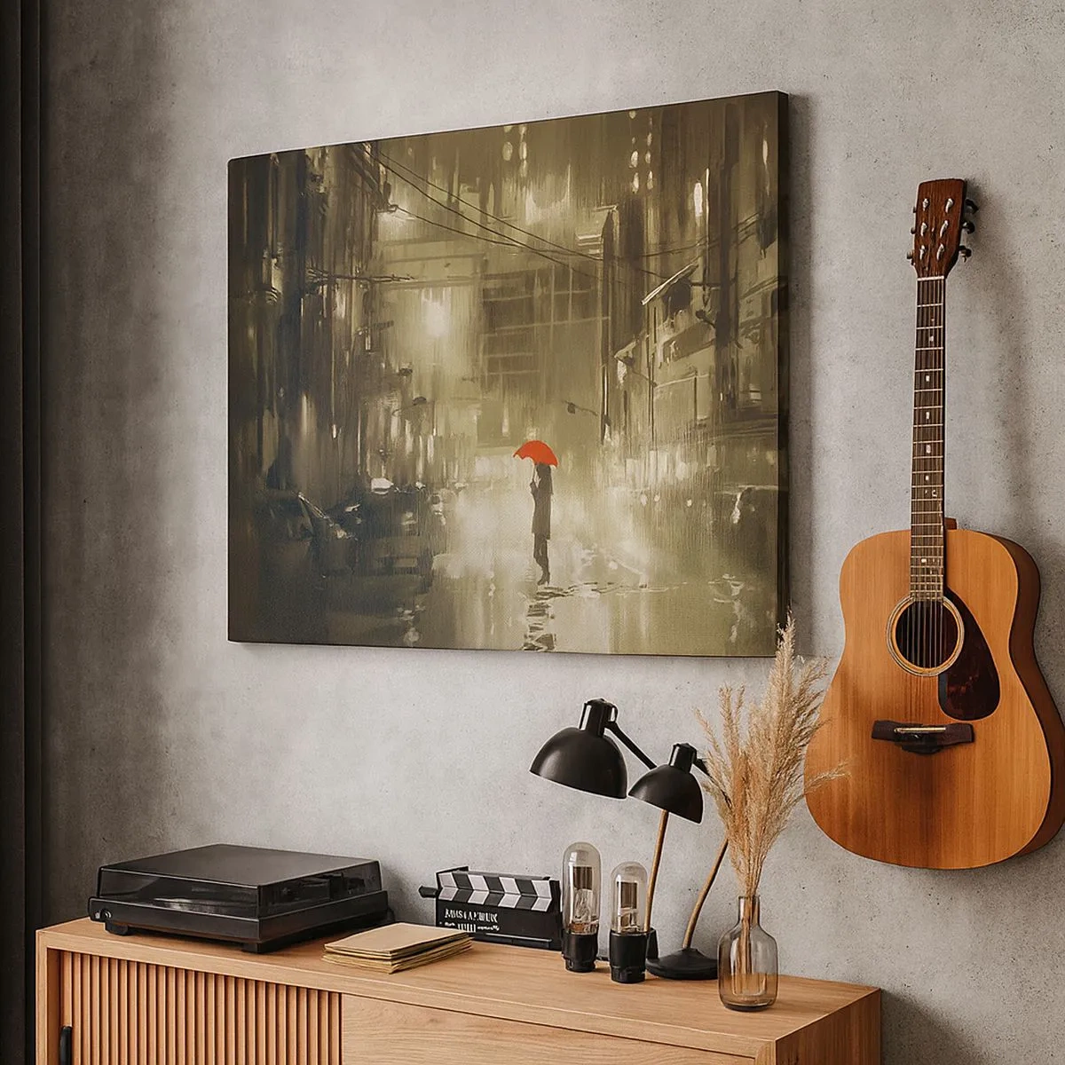 Lærredstryk - Billede på lærred - En figur med en rød paraply i en regnfuld by - 70x50cm - Alene, men ikke ensom - Moderne vægdekoration til stue og soveværelse ARTTOR