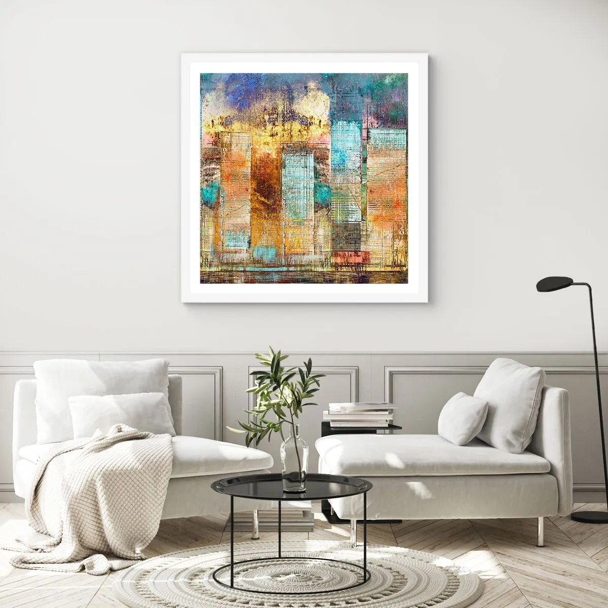 Plakat i hvid ramme - Solrig metropol - 40x40 cm
