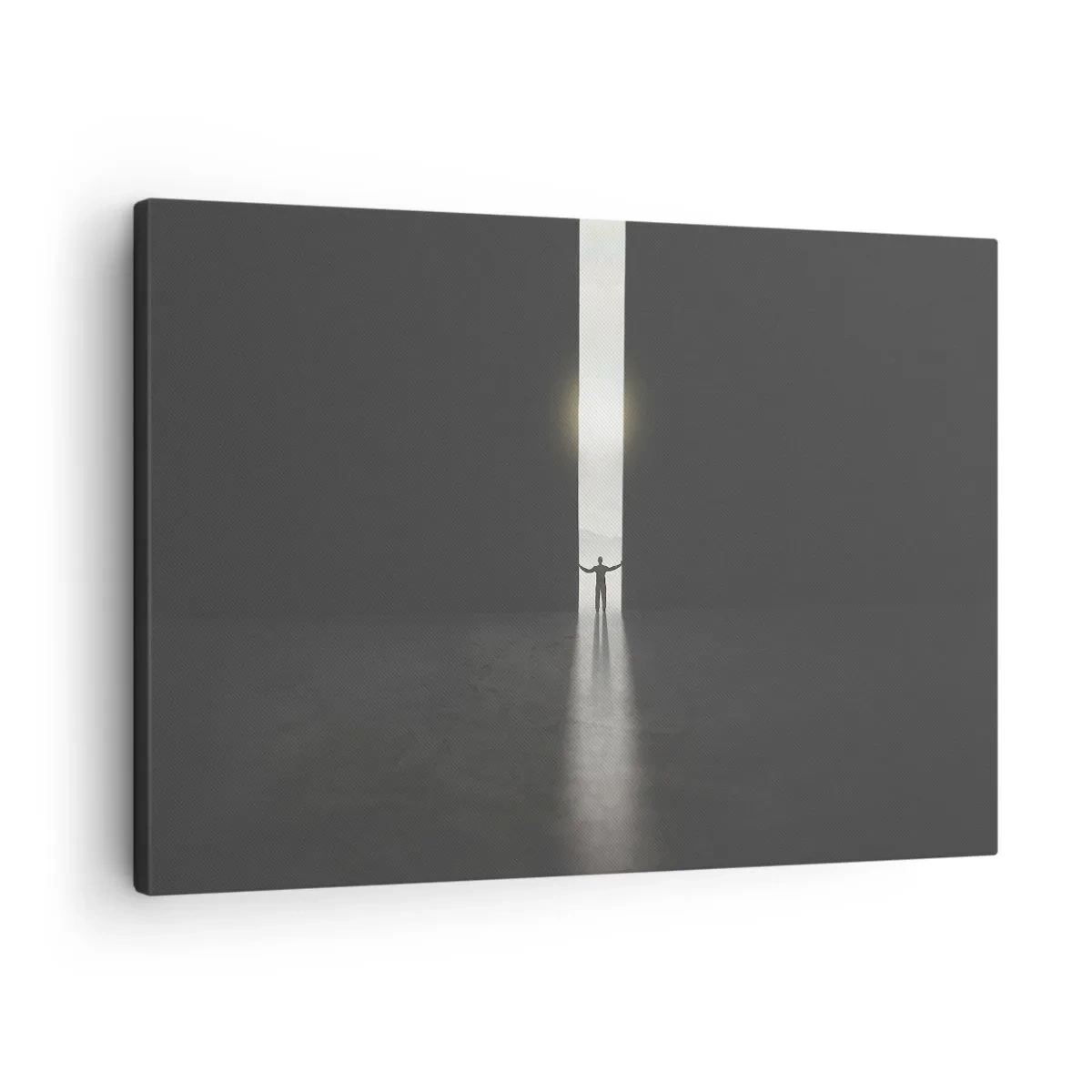 Lærredstryk - Billede på lærred - En mand stående i lyset af en smal sprække i et mørkt rum - 70x50cm - Et skridt mod en lys fremtid - Moderne vægdekoration til stue og soveværelse ARTTOR
