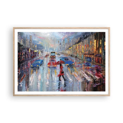 Plakat i ramme af lyst egetræ - Regnfuld eftermiddag i byen - 100x70 cm