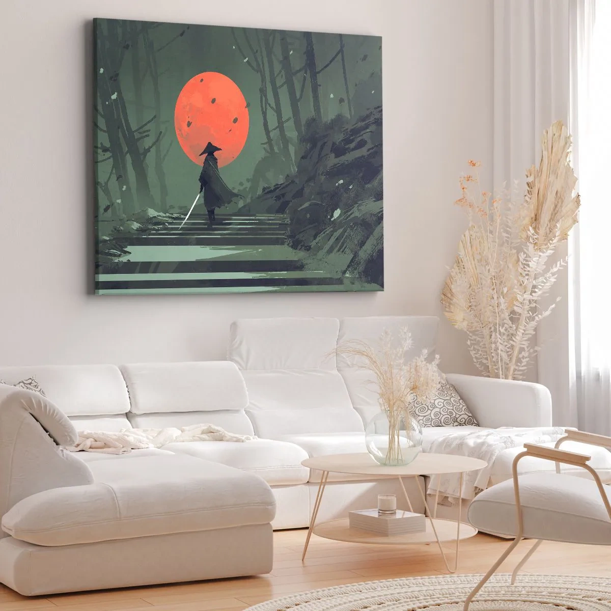 Lærredstryk - Billede på lærred - En ensom kriger med et sværd mod en baggrund af en rød måne i en mørk skov. - 70x50cm - Den røde månes kriger - Moderne vægdekoration til stue og soveværelse ARTTOR