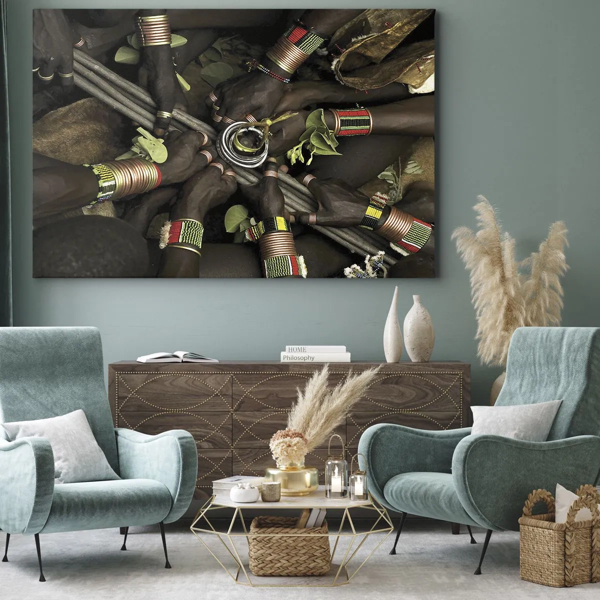 Lærredstryk - Billede på lærred - Traditionelle håndarmbånd i en gruppe af hænder - 70x50cm - Vi er sammen - Moderne vægdekoration til stue og soveværelse ARTTOR