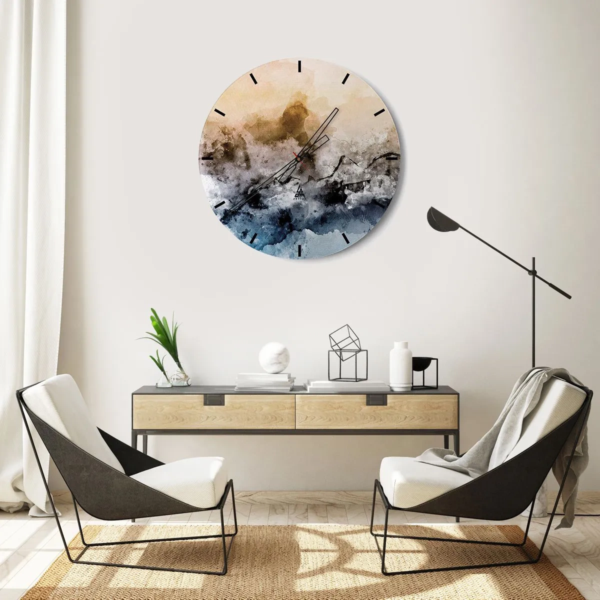Vægur, Uret - Et abstrakt landskab i nuancer af tåge, brunt og blåt. - 30x30cm - Sænket i en tågesvirvel - Moderne vægdekoration til stue, køkken og soveværelse ARTTOR