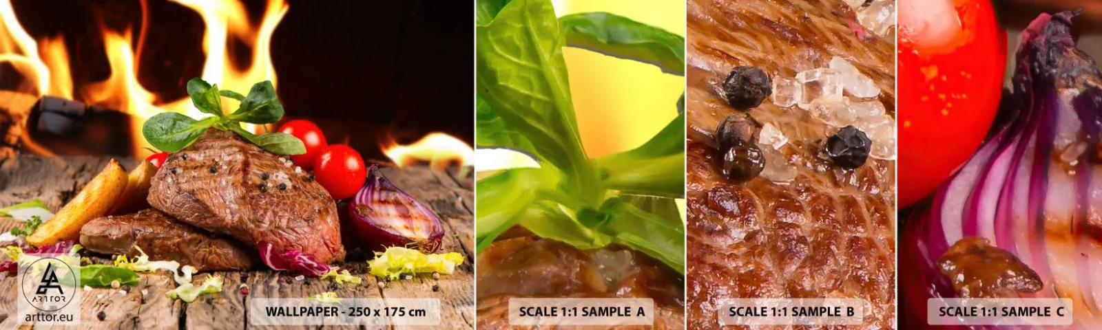 Prøve Fototapet Selvklæbende Deluxe Sticker - Fremkaldt med varme - Gastronomi, bøf, Ildflammer - 100x30 cm