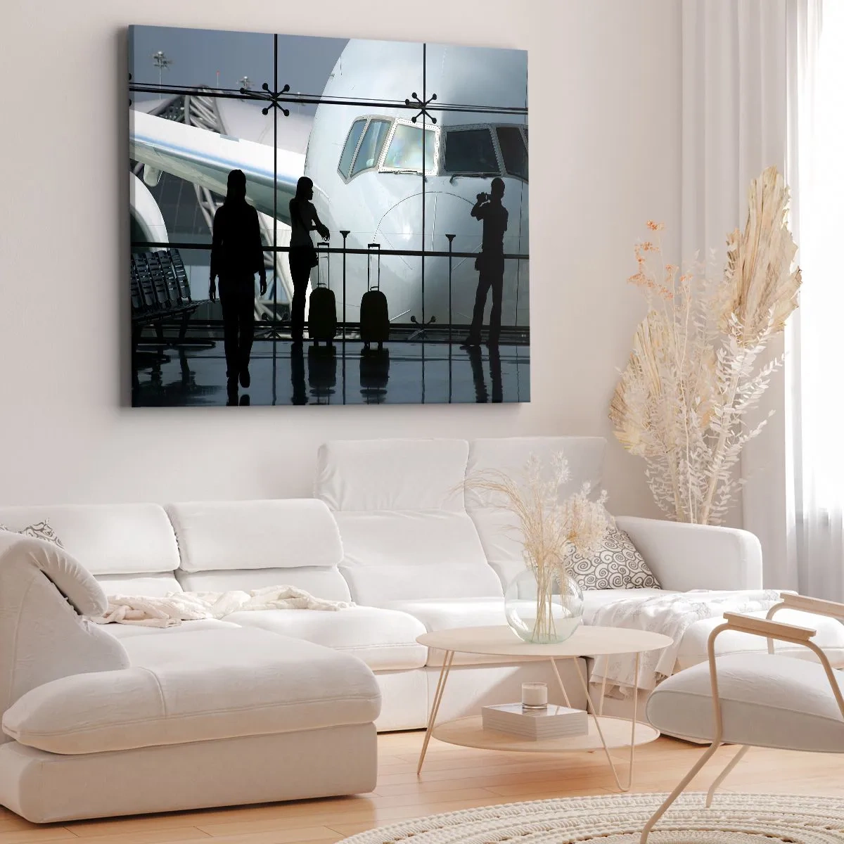 Lærredstryk - Billede på lærred - Lufthavn med silhuetter af mennesker og udsigt over flyet - 70x50cm - Vis a vis i lufthavnen - Moderne vægdekoration til stue og soveværelse ARTTOR