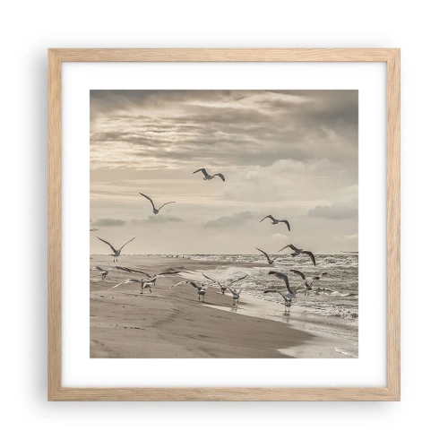 Plakat i ramme af lyst egetræ - Havet brummer, fuglene synger - 40x40 cm