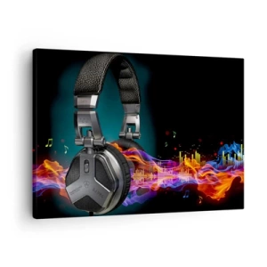 Lærredstryk - Billede på lærred - Sorte hovedtelefoner med en farverig musikvisualiseringseffekt - 70x50cm - I musikkens varme - Moderne vægdekoration til stue og soveværelse ARTTOR
