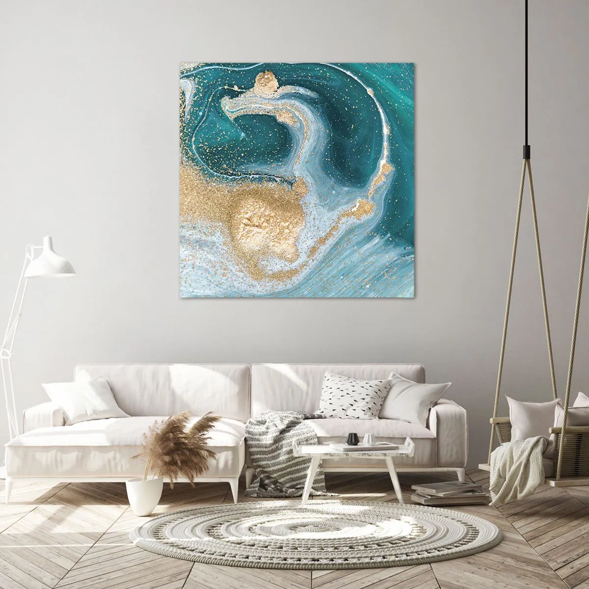 Lærredstryk - Billede på lærred - En hvirvel af guld og turkis - 50x50 cm