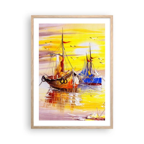 Plakat i ramme af lyst egetræ - Et velfortjent hvil i havnen - 50x70 cm