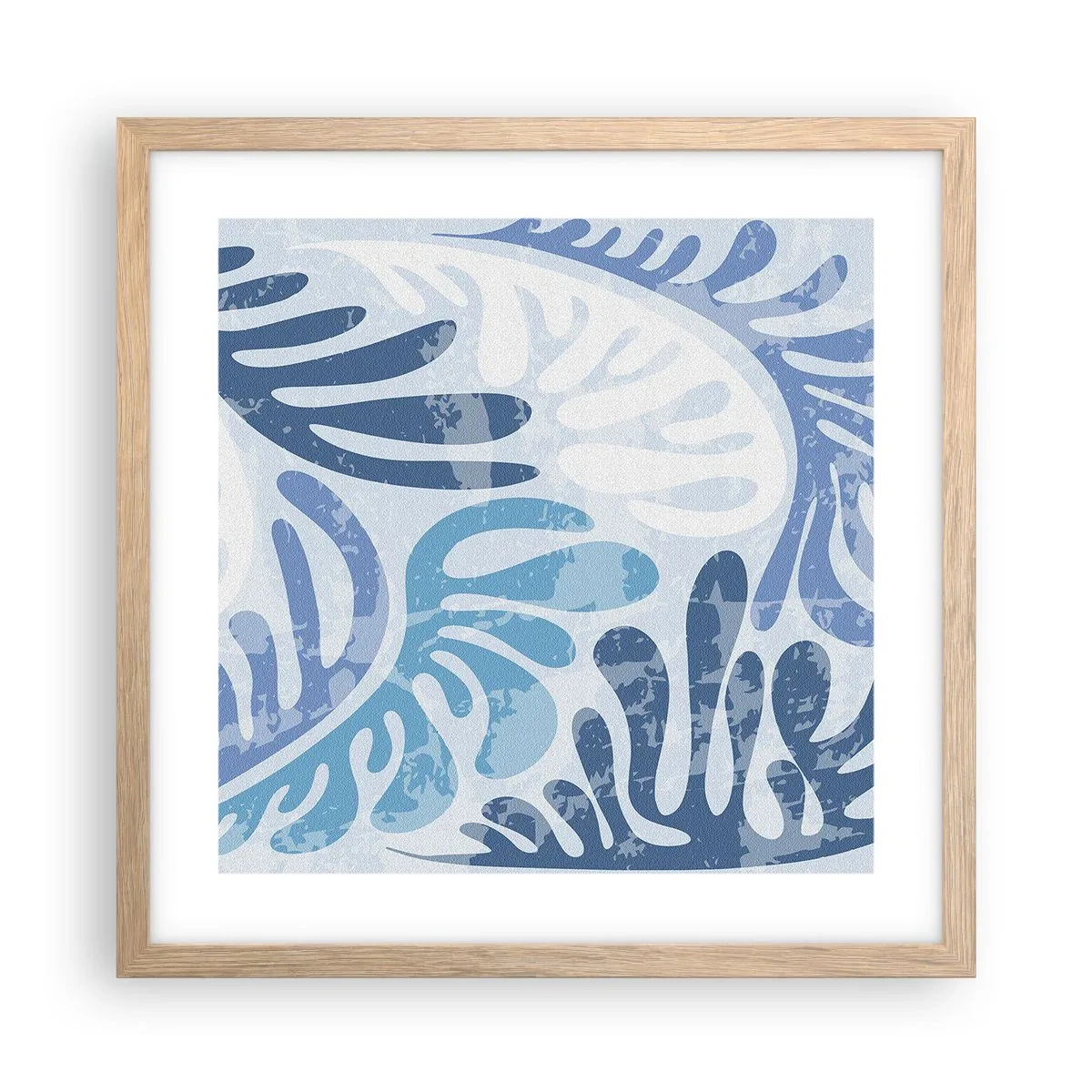 Plakat i ramme af lyst egetræ - Blå bregner - 40x40 cm