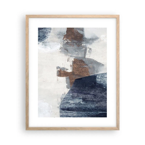 Plakat i ramme af lyst egetræ - Blåbrune former - 40x50 cm