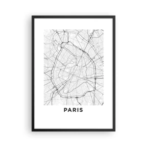 Plakat i sort ramme - Et kort over Paris i minimalistisk sort-hvid stil. - 50x70cm - Paris' blomst - Moderne vægdekoration til stue og soveværelse ARTTOR