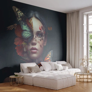 Fototapet Premium Canvas - En vidunderlig metamorfose - Sommerfugle, ansigt, Kvinde - 450x315 cm