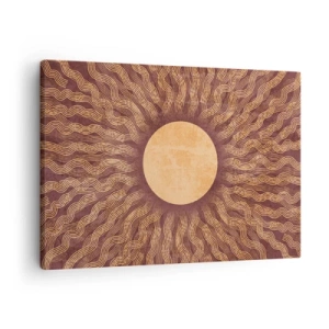 Lærredstryk - Billede på lærred - Solrigt mønster med stråler på en baggrund i brune nuancer - 70x50cm - Ikon for solen - Moderne vægdekoration til stue og soveværelse ARTTOR