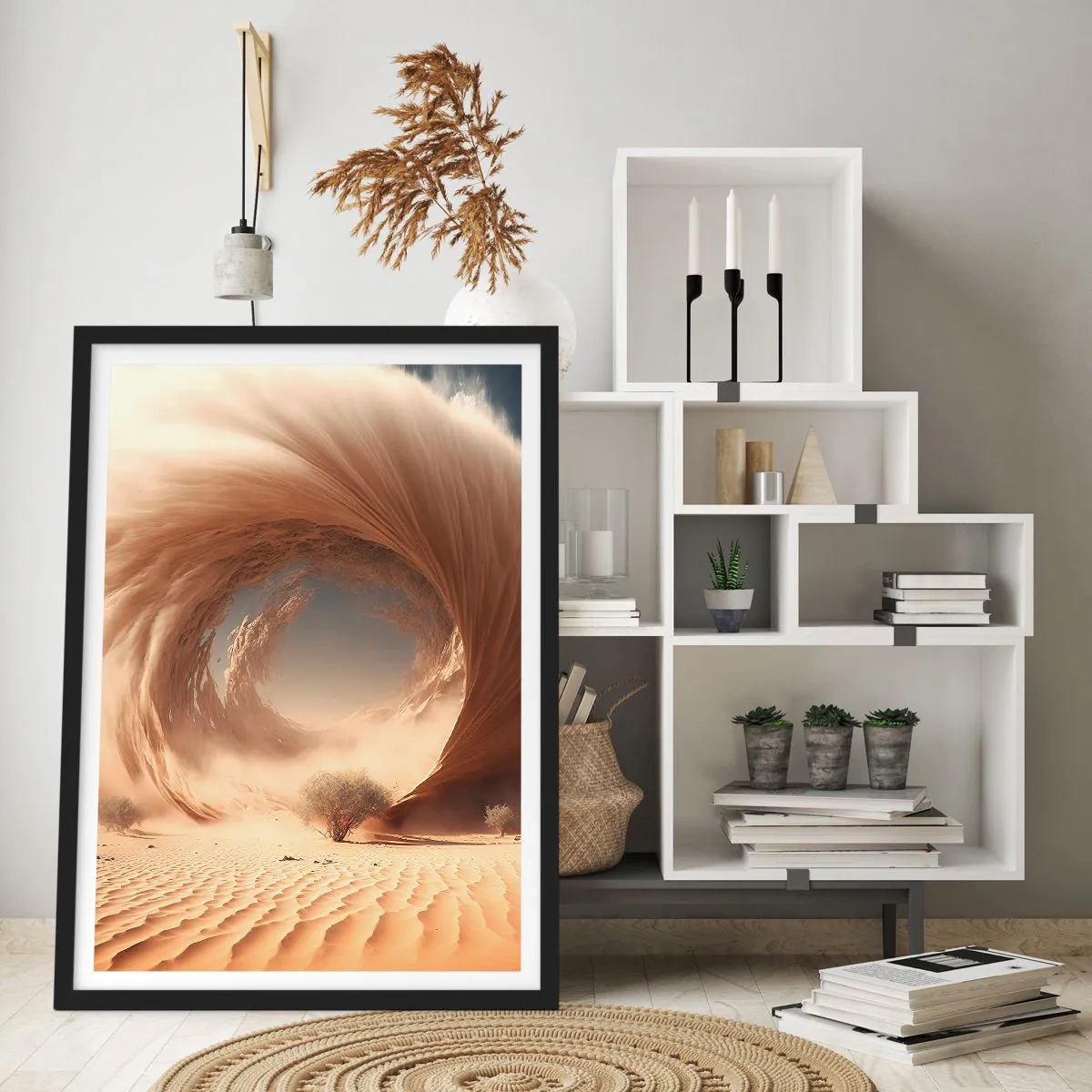 Plakat i sort ramme - En fænomenal sandhvirvel i ørkenen - 50x70cm - Åben portal - Moderne vægdekoration til stue og soveværelse ARTTOR