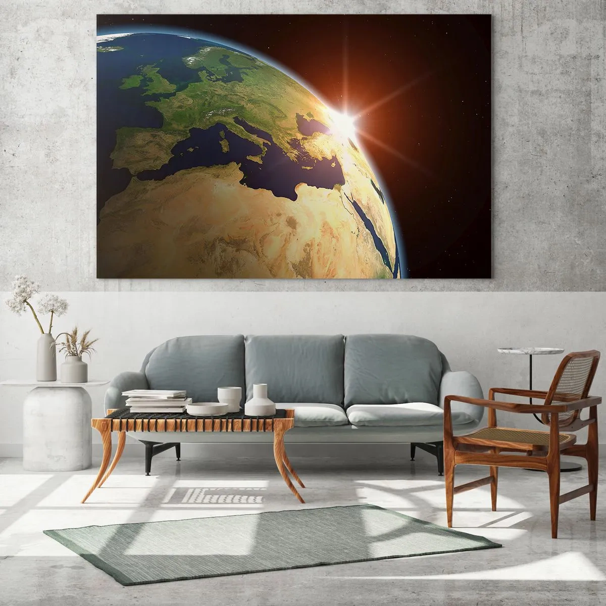 Billede på glas - Jorden oplyst af den opgående sol fra rummet - 70x50cm - Solopgang - Moderne vægdekoration til stue og soveværelse ARTTOR