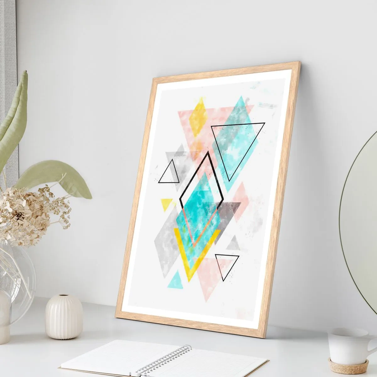 Plakat i ramme af lyst egetræ - Geometrisk leg - 30x40 cm