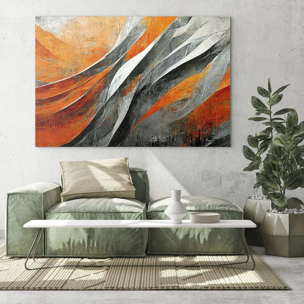 Billede på glas - Abstrakte striber i nuancer af orange og grå - 70x50cm - Varme og kulde - Moderne vægdekoration til stue og soveværelse ARTTOR