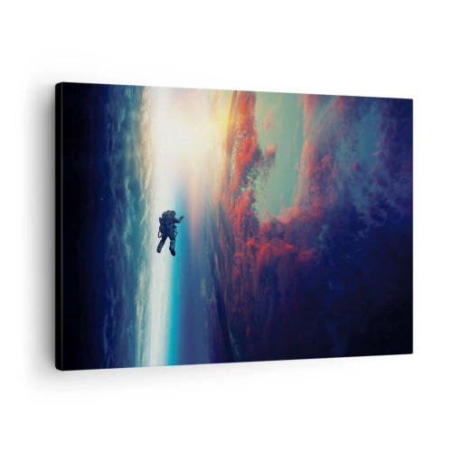 Lærredstryk - Billede på lærred - En astronaut, der svæver i rummet over en farverig Jord - 70x50cm - Over for universet - Moderne vægdekoration til stue og soveværelse ARTTOR