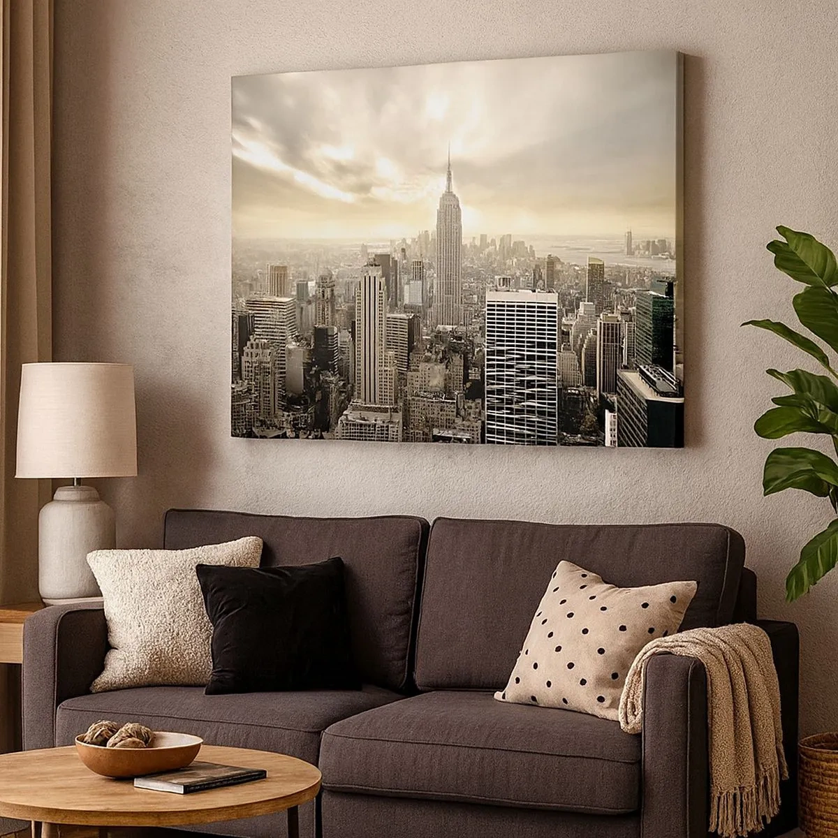 Lærredstryk - Billede på lærred - Panorama over byen med udsigt til Empire State Building - 70x50cm - New York vævet af grå - Moderne vægdekoration til stue og soveværelse ARTTOR