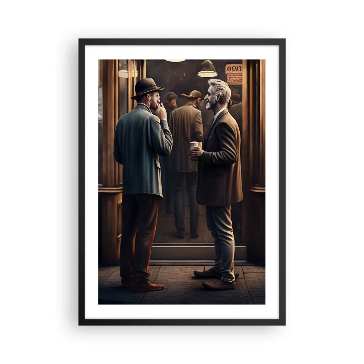 Plakat i sort ramme - To elegante mænd taler sammen foran en café - 50x70cm - Et godt øjeblik på dagen - Moderne vægdekoration til stue og soveværelse ARTTOR