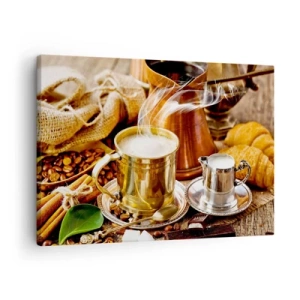 Lærredstryk - Billede på lærred - En gylden krus kaffe omgivet af bønner, kander og croissanter - 70x50cm - Hav en dejlig dag! - Moderne vægdekoration til stue og soveværelse ARTTOR