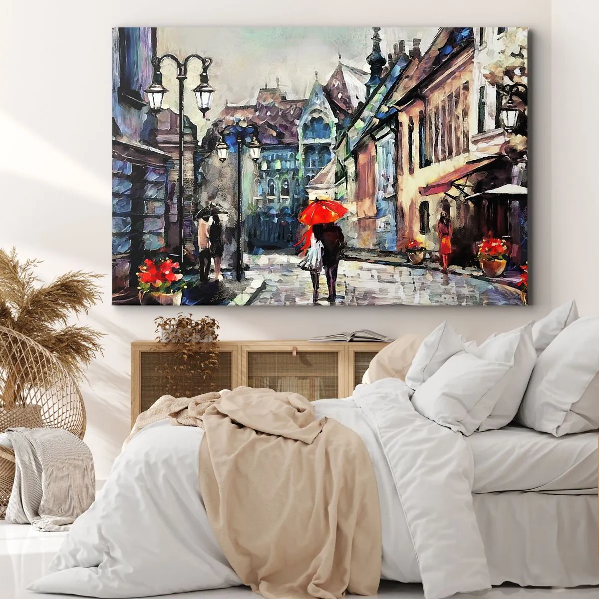 Lærredstryk - Billede på lærred - En charmerende bygade med et par under en rød paraply - 70x50cm - Regn til to - Moderne vægdekoration til stue og soveværelse ARTTOR