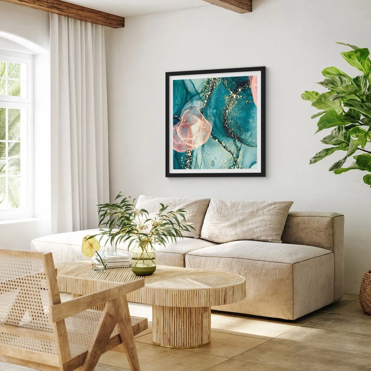 Plakat i sort ramme - Silkeblå, tyl lyserød - 50x50 cm