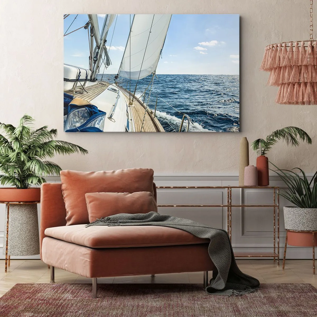 Lærredstryk - Billede på lærred - En sejlbåd på et roligt hav under en blå himmel - 70x50cm - Ahoj , eventyr - Moderne vægdekoration til stue og soveværelse ARTTOR