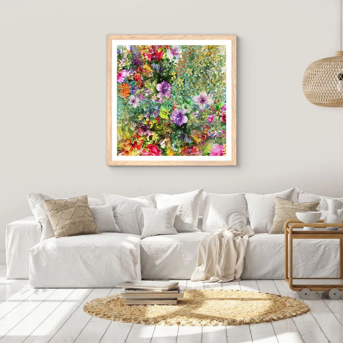Plakat i ramme af lyst egetræ - Ind i blomsterne ved fortabelse - 60x60 cm