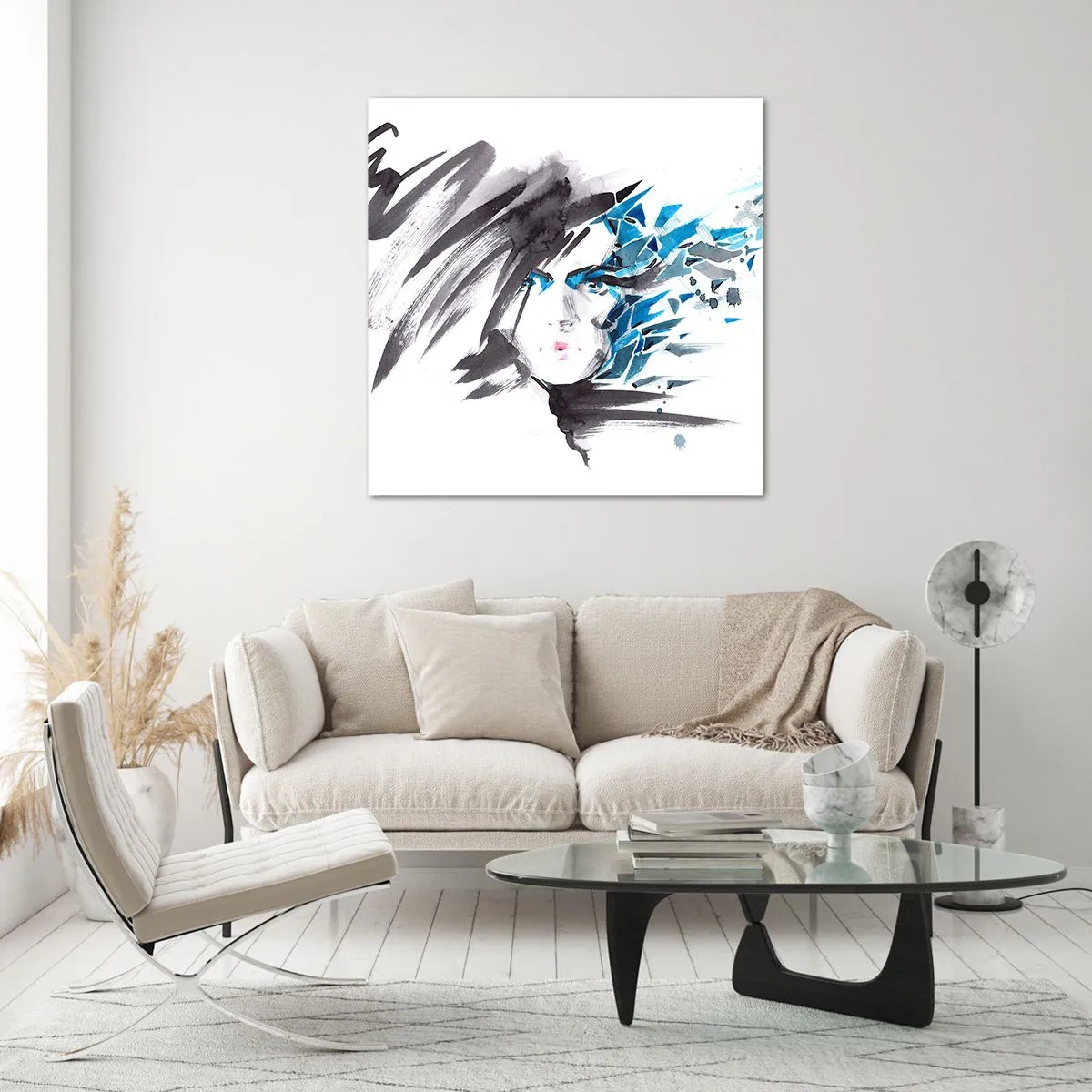 Billede på glas - Sensuelt portræt i grå og blå farver - 40x40 cm