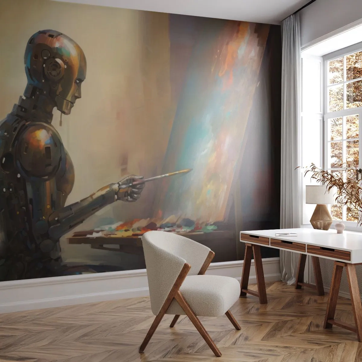 Fototapet Selvklæbende Deluxe Sticker - Fremtidens kunst - Maleri, Robot, Børste - 100x70 cm