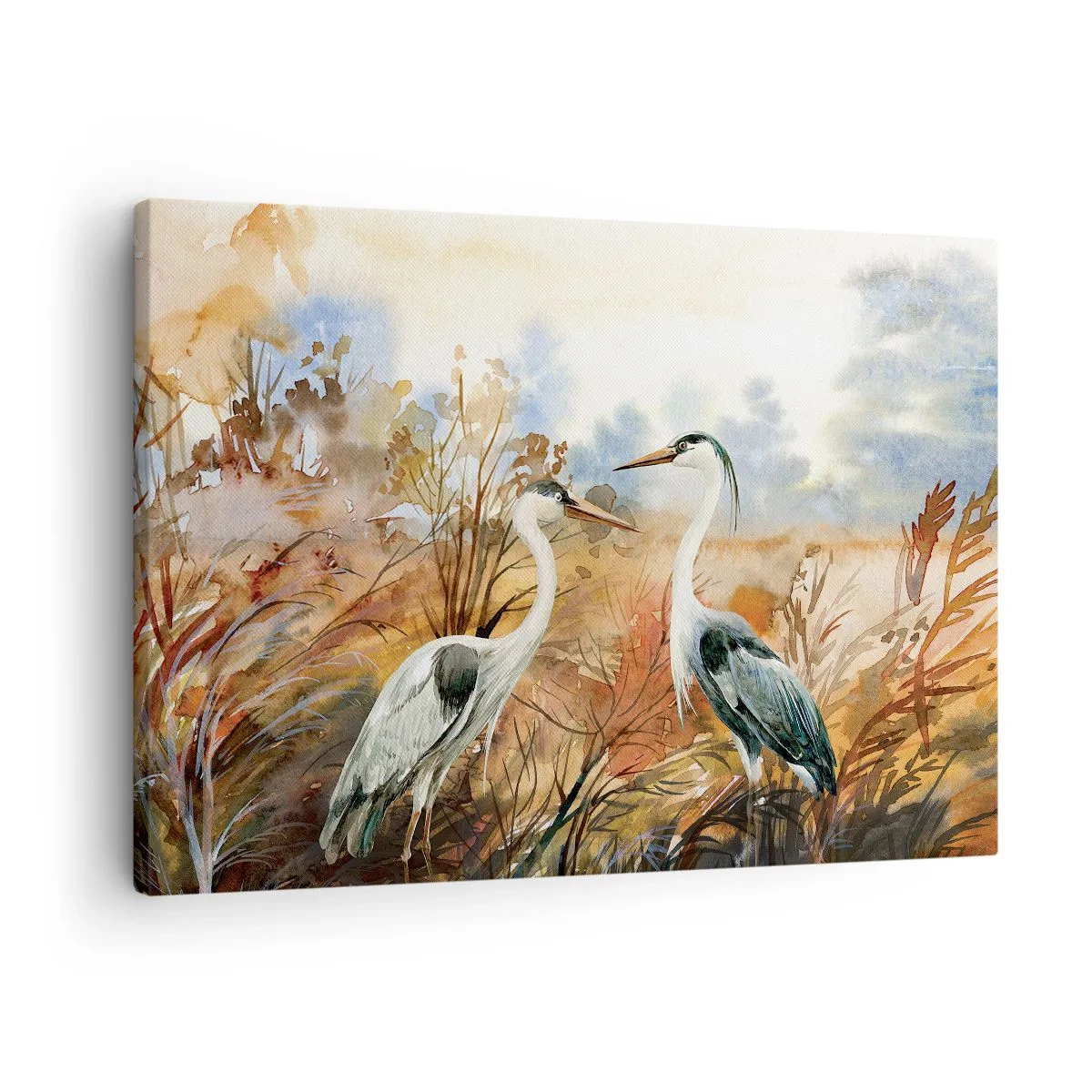 Lærredstryk - Billede på lærred - To hejrer mod baggrunden af et efterårslandskab - 70x50cm - Hvor skal vi hen om efteråret? - Moderne vægdekoration til stue og soveværelse ARTTOR