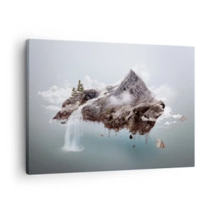 Lærredstryk - Billede på lærred - Et surrealistisk bjerg, der svæver i skyerne med et vandfald - 70x50cm - Set gennem en surrealists øjne - Moderne vægdekoration til stue og soveværelse ARTTOR