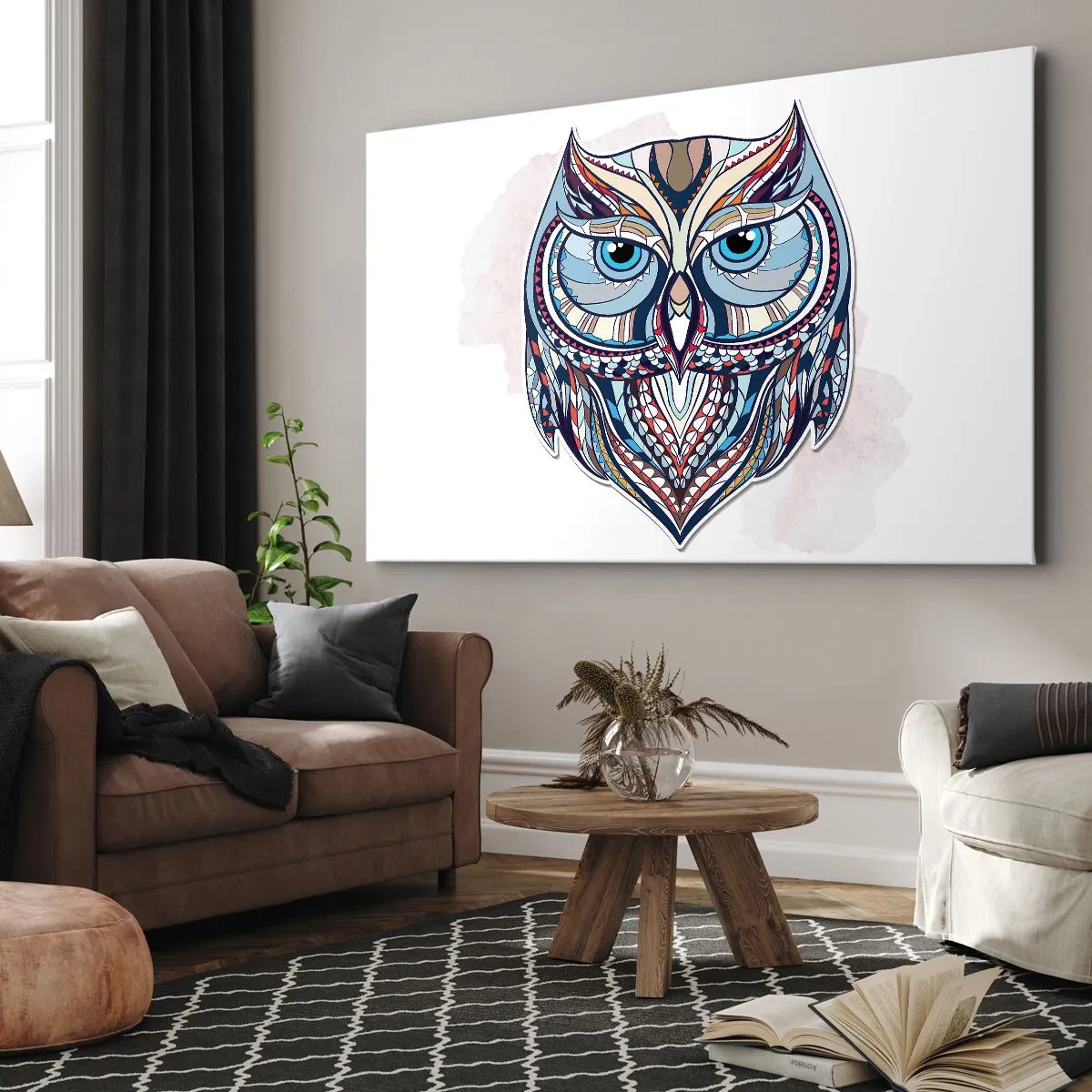 Lærredstryk - Billede på lærred - Geometrisk ugle i nuancer af blå og beige - 70x50cm - Kunstnerisk ornamental ugle - Moderne vægdekoration til stue og soveværelse ARTTOR