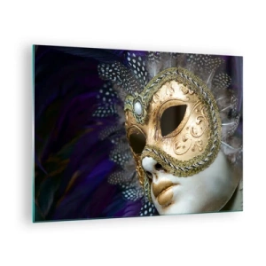 Billede på glas - Guld venetiansk maske med fjer på en lilla baggrund - 70x50cm - Venetiansk portræt i guld - Moderne vægdekoration til stue og soveværelse ARTTOR