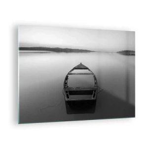 Billede på glas - En gammel båd på en rolig vandoverflade i sort-hvid - 70x50cm - Længsel og melankoli - Moderne vægdekoration til stue og soveværelse ARTTOR