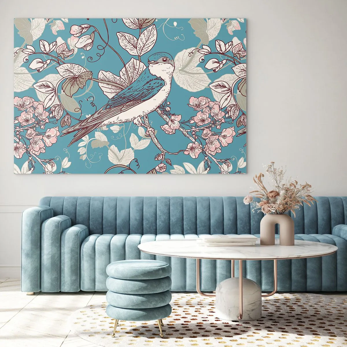 Billede på glas - En fugl på en gren blandt blomster på en turkis baggrund - 70x50cm - I de hvide skove kvidrende og sølvfarvede - Moderne vægdekoration til stue og soveværelse ARTTOR