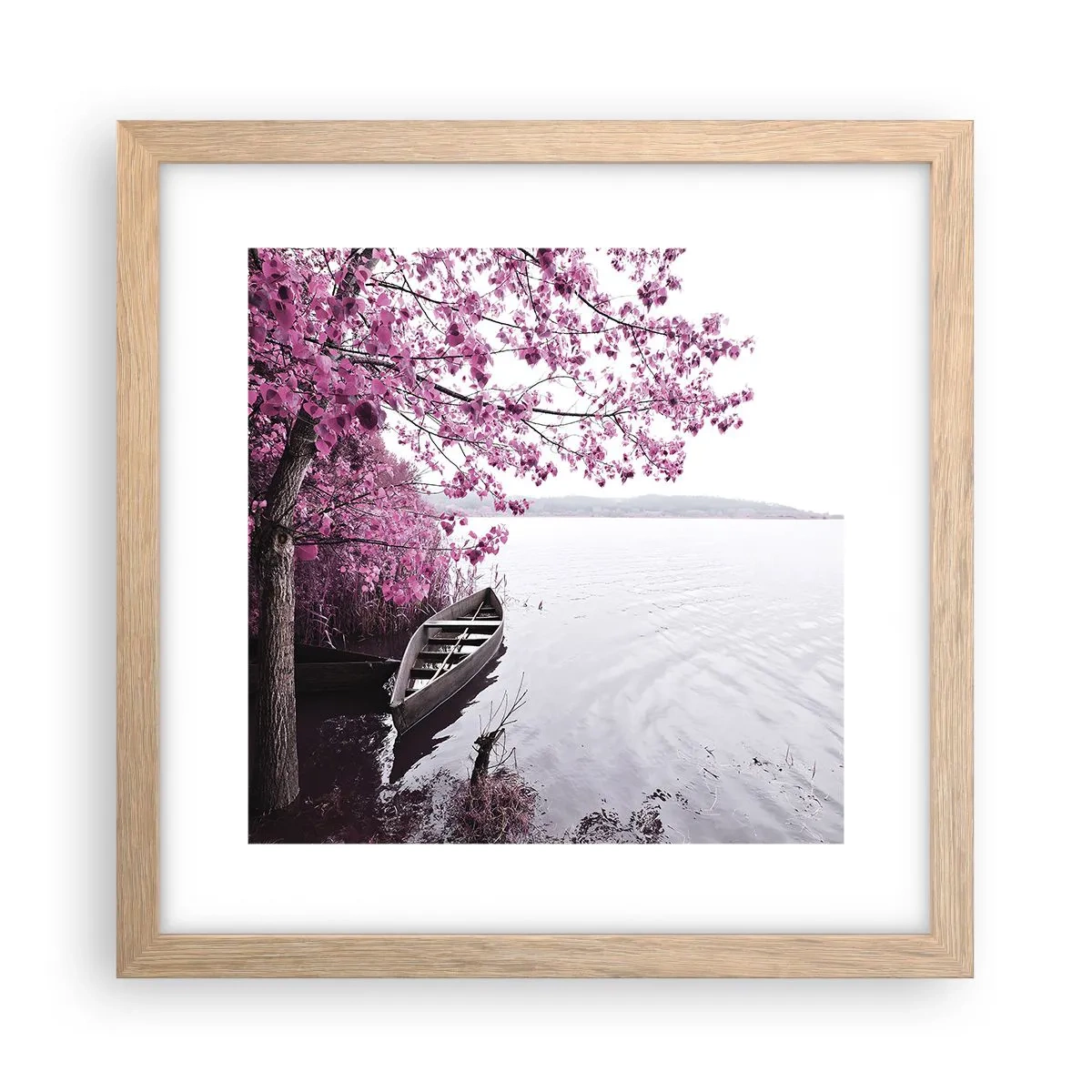 Plakat i ramme af lyst egetræ - I lyserød stilhed - 30x30 cm