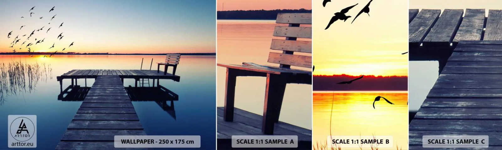 Prøve Fototapet Selvklæbende Deluxe Sticker - Det var en god dag - Landskab, Sø, træbro - 100x30 cm