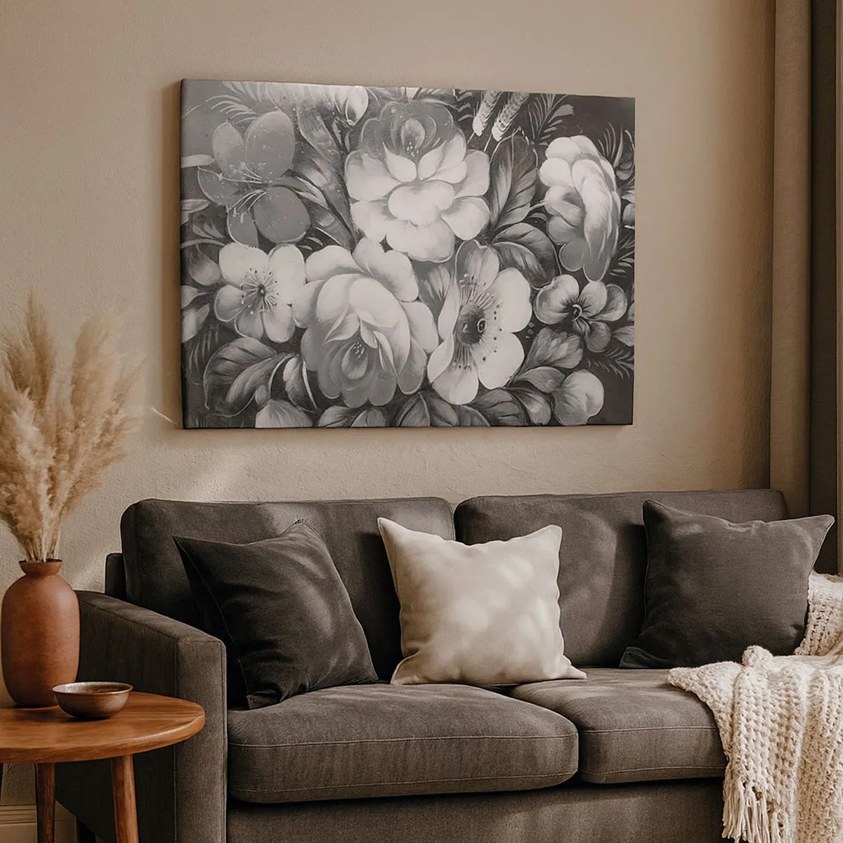 Lærredstryk - Billede på lærred - Sort-hvide blomster i en klassisk og elegant komposition - 70x50cm - Smuk selv i grå farve - Moderne vægdekoration til stue og soveværelse ARTTOR